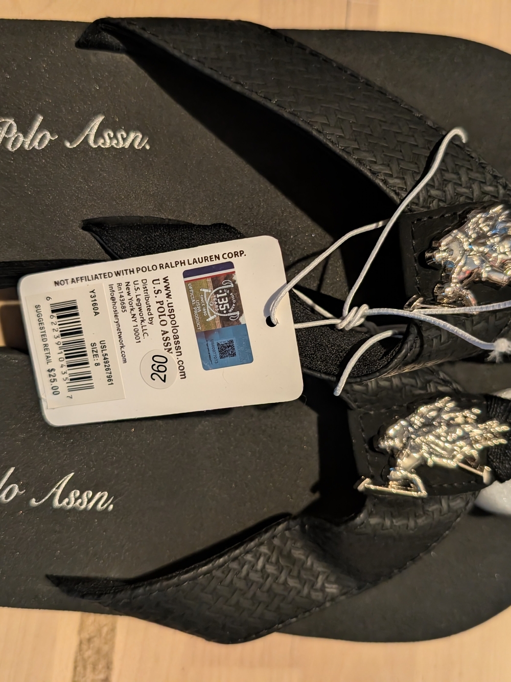 U.S. Polo Assn. Black Flip Flop Sandals with Silver Polo Emblem
